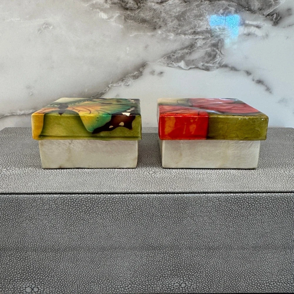 Vintage Capiz Shell Butterfly Trinket Boxes Set of 2 Handmade Philippines Square